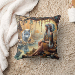 Native American Woman Sitting With A Wolf By Water Cushion