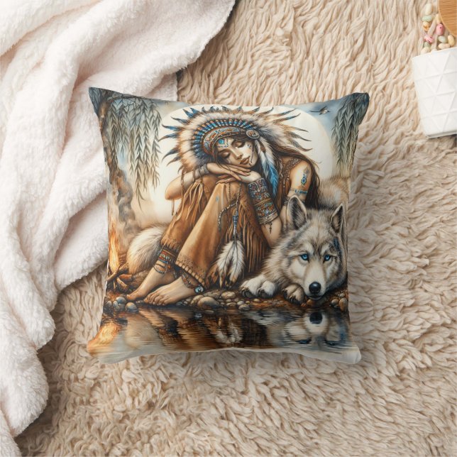 Native American Woman Sitting With A Wolf By Water Cushion (Blanket)