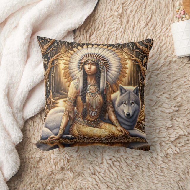Native American Woman Sitting With a Wolf Cushion (Blanket)