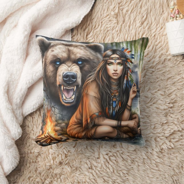 Native American Woman Sitting With Bear at River Cushion (Blanket)