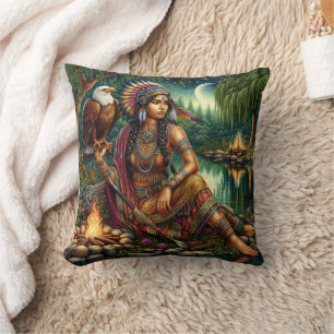 Native American Woman Sitting With Eagle By Water Cushion