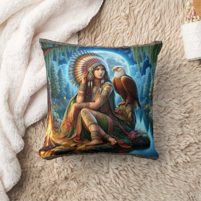 Native American Woman Sitting With Eagle By Water Cushion (Blanket)
