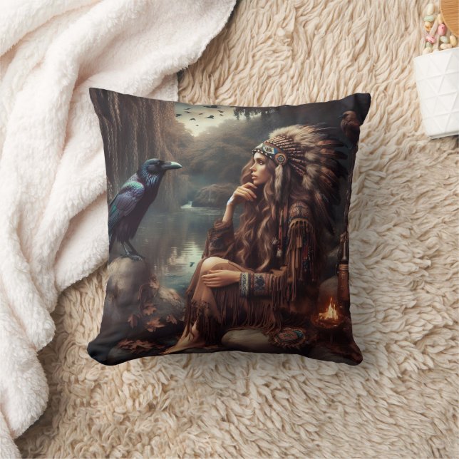 Native American Woman Sitting With Raven by Water Cushion (Blanket)