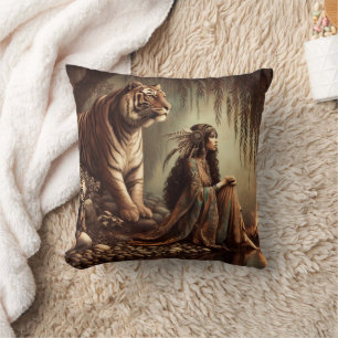 Native American Woman Sitting With Tiger By River Cushion