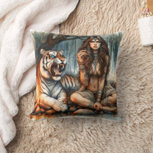 Native American Woman Sitting With Tiger By Water Cushion (Blanket)
