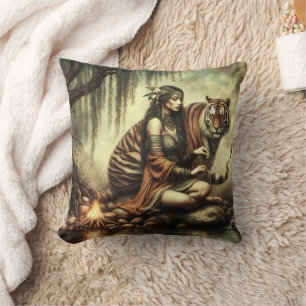 Native American Woman Sitting With Tiger by Water Cushion