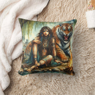 Native American Woman Sitting With Tiger By Water Cushion