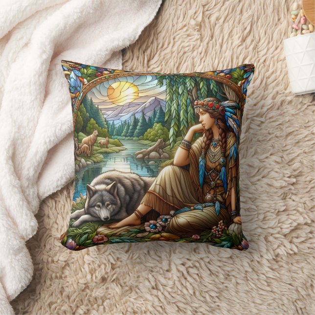 Native American Woman Sitting With Wolf By River Cushion (Blanket)