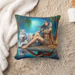 Native American Woman Sitting With Wolf By Water Cushion
