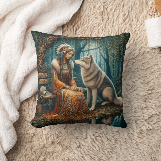 Native American Woman Sitting With Wolf In Forest Cushion (Blanket)