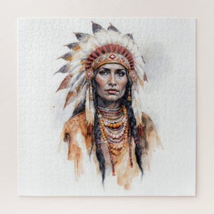 Native American woman watercolor painting art Jigsaw Puzzle