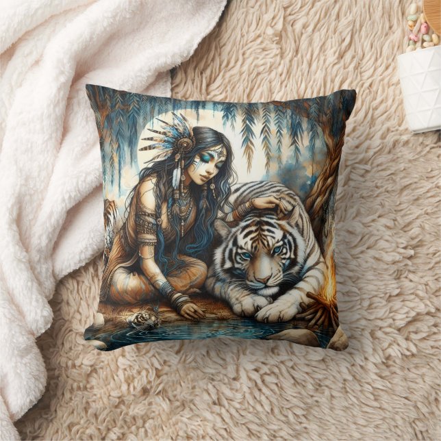 Native American Woman With a Tiger in Nature Cushion (Blanket)