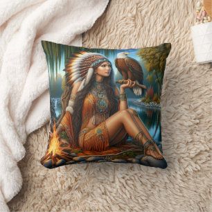 Native American Woman With An Eagle By A River Cushion