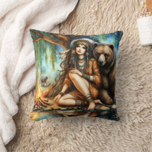 Native American Woman With Bear By Campfire Cushion