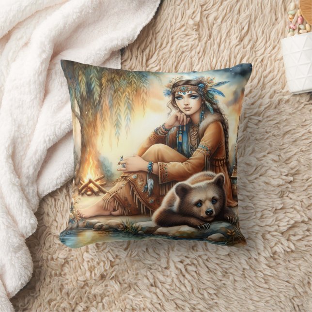 Native American Woman With Bear by Campfire Cushion (Blanket)