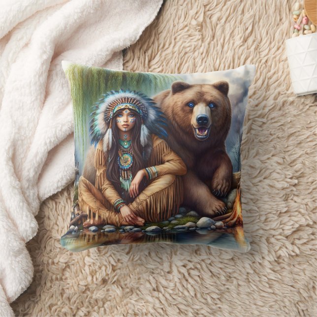 Native American Woman With Bear by Water Cushion (Blanket)