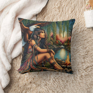 Native American Woman With Eagle By River At Dusk Cushion