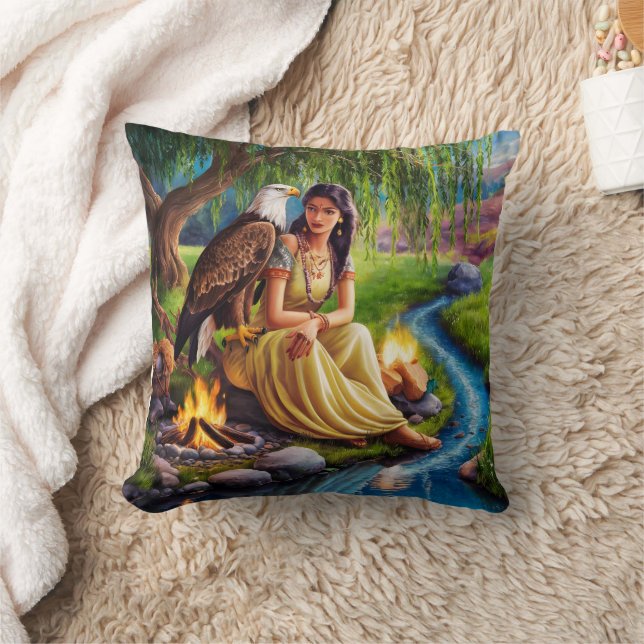 Native American Woman With Eagle by Stream Cushion (Blanket)