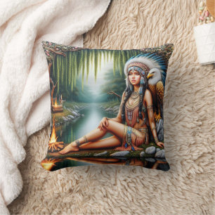 Native American Woman With Eagle By Tranquil River Cushion