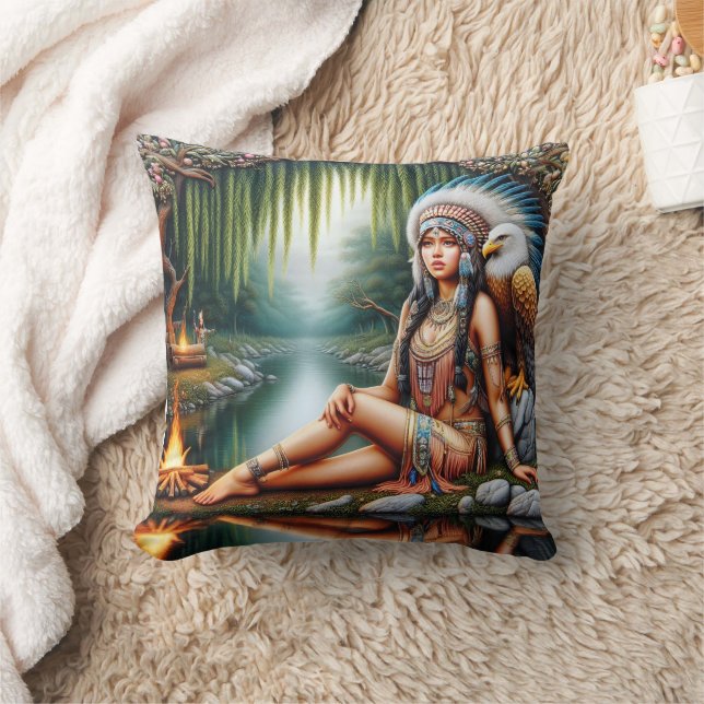 Native American Woman With Eagle By Tranquil River Cushion (Blanket)