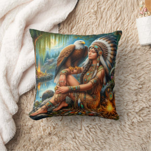 Native American Woman With Eagle by Tranquil Water Cushion