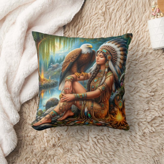Native American Woman With Eagle by Tranquil Water Cushion (Blanket)