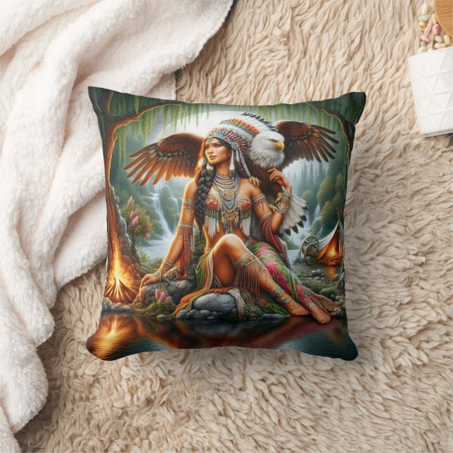 Native American Woman With Eagle Near Waterfall Cushion (Blanket)