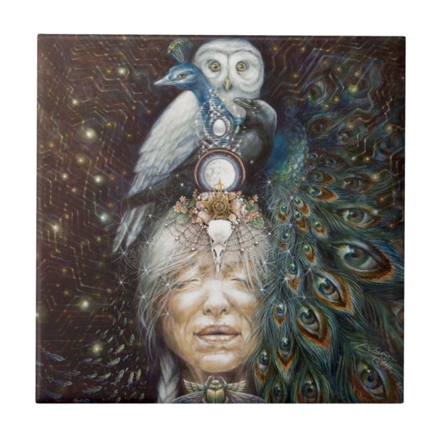 native american woman with owl and peacock ceramic tile (Front)