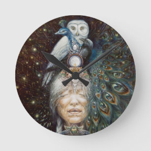 native american woman with owl and peacock round clock