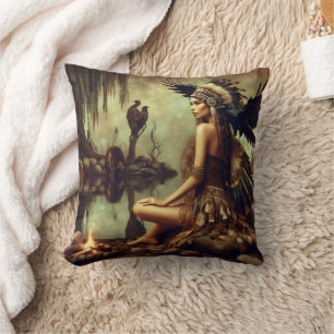 Native American Woman With Raven By A Campfire Cushion