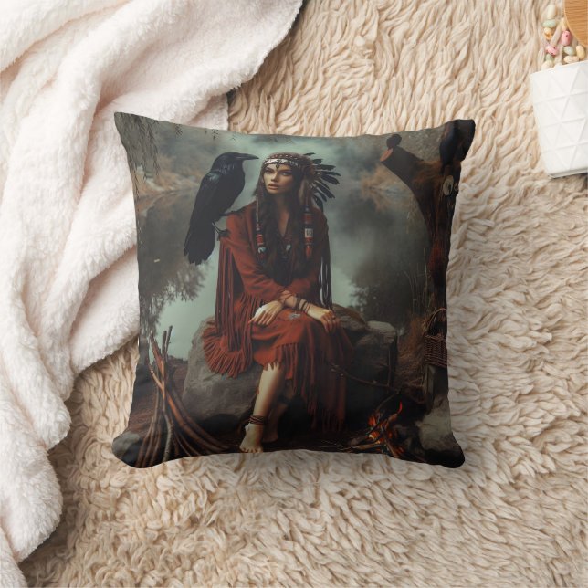 Native American Woman With Raven by Calm River Cushion (Blanket)
