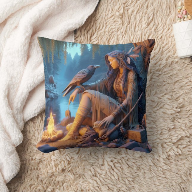 Native American Woman With Raven By The Fire Cushion (Blanket)