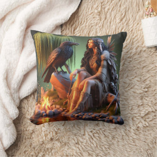 Native American Woman With Raven by Water at Dusk Cushion