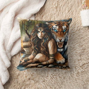 Native American Woman With Tiger by a River Cushion