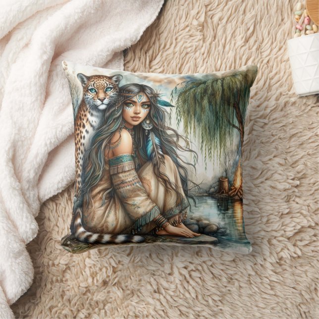 Native American Woman With Tiger by Calm Water Cushion (Blanket)