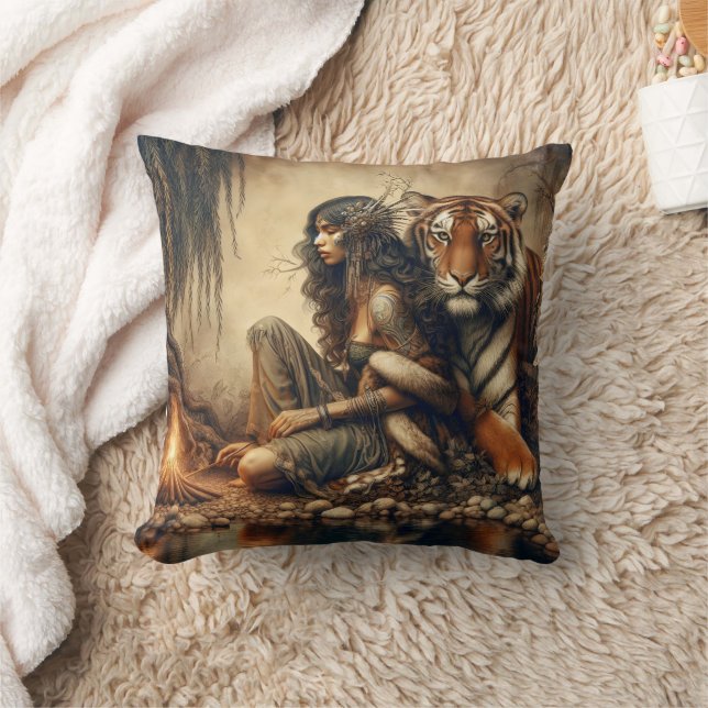Native American Woman With Tiger By Campfire Cushion (Blanket)