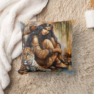 Native American Woman With Tiger by Fire Cushion