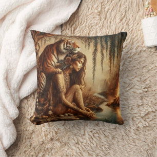 Native American Woman With Tiger by River at Dusk Cushion