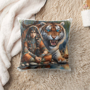 Native American Woman With Tiger by River at Dusk Cushion