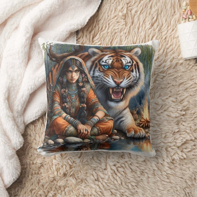 Native American Woman With Tiger by River at Dusk Cushion (Blanket)
