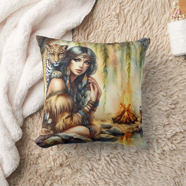Native American Woman With Tiger by Riverbank Cushion (Blanket)