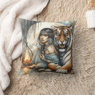 Native American Woman With Tiger Cushion