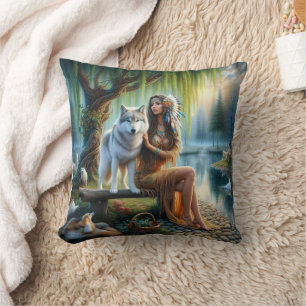 Native American Woman With Wolf By Calm Riverbank Cushion