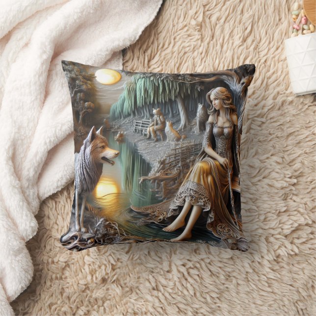 Native American Woman With Wolf by the River Cushion (Blanket)