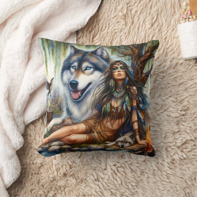 Native American Woman With Wolf By The River Cushion (Blanket)