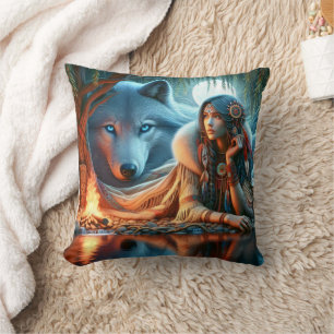 Native American Woman With Wolf By The Water Cushion