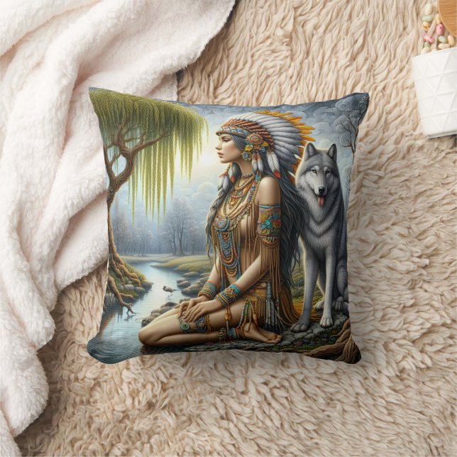 Native American Woman With Wolf by Tranquil River Cushion (Blanket)