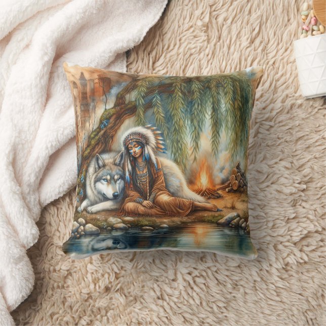 Native American Woman With Wolf by Tranquil Water Cushion (Blanket)