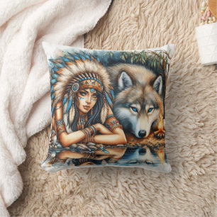 Native American Woman With Wolf By Tranquil Water Cushion