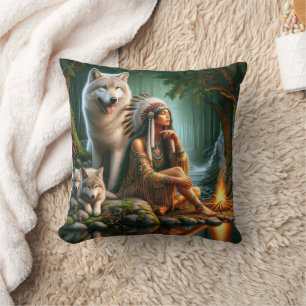 Native American Woman With Wolves by Fire Cushion